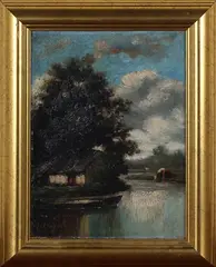 Jules Dupré, View along a River with Boat, Cottage and Cattle, oil on canvas