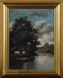 Jules Dupré, View along a River with Boat, Cottage and Cattle