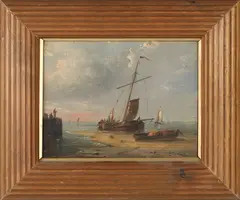 G. Koekkoek, Maritime Scene with Beached Sailing Vessels, oil on panel