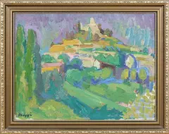 Raymond Fraggi, Continental Hilltop Town, oil on canvas