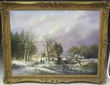 Thomas Heesakkers, Winter Landscape with Figures on a Frozen River and Hamlet beyond, oil on canvas