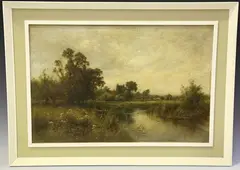 Henry John Kinnaird, View along a River towards a Harvesting Scene, oil on canvas