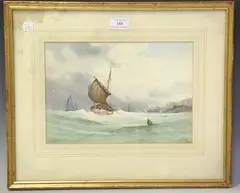 William Callcott Knell, Maritime Scenes with Sailing Vessels and Steamships off a Coastline, 1874, a pair of watercolours heighted with gouache