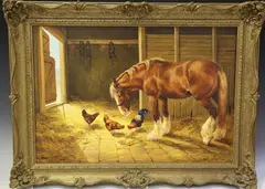 Donna Crawshaw, Shire Horse in a Stable with Hens, oil on canvas