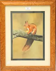 Michael P. Jevon, Red Squirrel on a Branch, early 21st century mixed media on board