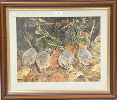 Michael P. Jevon, Four Hedgehogs, 2001, mixed media on board