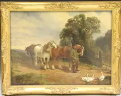 Edwin Long Meadows, Farmer leading a Plough Team near a Gate, oil on canvas