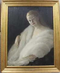 Portrait of a Lady wearing Ostrich Feathers by Nicholas Egon, oil on board, sold Apr 2022