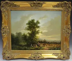 Harvest Scene with Distant Village by Gudrun Sibbons, oil on canvas, sold Apr 2022