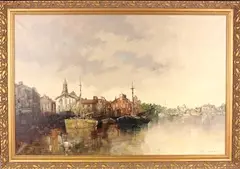 F. R. Dozeman, Dutch Canal Scene, oil on canvas