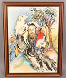 Zamy Steynovitz, A Jewish Man carrying a Sheep on his Shoulder, watercolour with acrylic and crayon