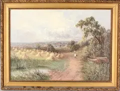 Sidney Yates Johnson, Girl on a Country Path near a Field of Hay Stooks, oil on canvas