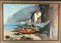 Claudio Simonetti, Italian Quayside, Town and Cliffs beyond, oil on canvas