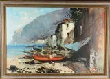 Claudio Simonetti, Italian Quayside, Town and Cliffs beyond, oil on canvas