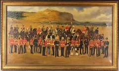 John Francis Drummond, British Military Personnel assembled on a Beach, possibly Gwythian, Cornwall, H.M.S. Lion at Anchor beyond, oil on canvas