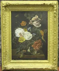 C. Stuart, Still Life of Flowers in a Vase with Butterflies, 1881, oil on panel