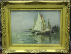 Walter Francis Brown, Mediterranean Scene with Sailing Vessels, oil on canvas