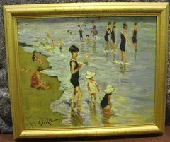 F. Costa, Figures paddling in the Sea, oil on canvas-board