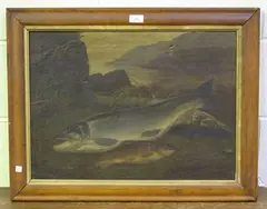 Salmon and Trout on the Bank of a Loch by A. Roland Knight, oil on canvas, sold Nov 2021