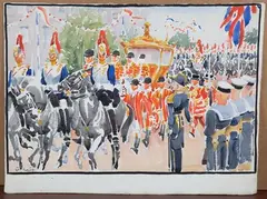 Coronation Parade with Royal Carriage by Greville Wood Irwin Harry, watercolour, sold Nov 2021