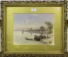 Continental View with Moored Sailing Barge and Distant Town by Charles Rowbotham, 1898, watercolour with touches of gouache, sold Nov 2021
