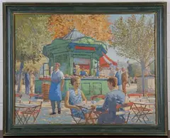 David William Burley, Jardins des Tuileries Café and Figures, oil on board