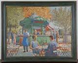 David William Burley, Jardins des Tuileries Café and Figures, oil on board