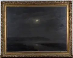 Moonlit River Landscape, probably the River Arun with Arundel in the distance by John Foulger, oil on canvas, sold Nov 2021