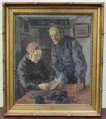 Figures in an Interior reading a Letter by Soren Sorensen, oil on canvas, sold Nov 2021