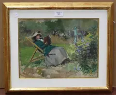 E. Hunter, Woman reading in a Deck Chair, watercolour with gouache