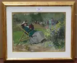 E. Hunter, Woman reading in a Deck Chair, watercolour with gouache
