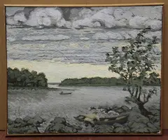 E. Anufriev, Estuary Landscape with Boats, oil on canvas