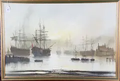 John Bampfield, Ships in a Misty Harbour, oil on canvas