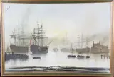 John Bampfield, Ships in a Misty Harbour, oil on canvas
