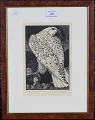 Charles Tunnicliffe, Greenland Falcon and its Prey, monochrome woodblock, signed in pencil and dated 5/50 in pencil