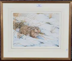 Hare in the Snow by Owen Williams, watercolour, sold Jun 2021