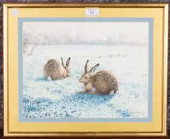Two Hares in the Snow by Owen Williams, watercolour, sold Jun 2021