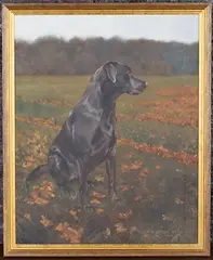 Michael P. Jevon, Black Labrador in a Landscape, oil on canvas