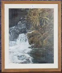 Michael P. Jevon, Grey Wagtail beside a Babbling Brook, oil on board