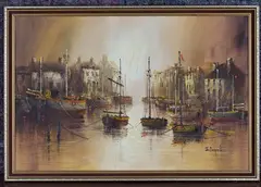 John Bampfield, Harbour Scene with Moored Boats, oil on canvas
