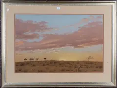 Vic Andrews, Ostriches in the Kalahari at Sunset, pastel