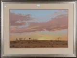 Vic Andrews, Ostriches in the Kalahari at Sunset, pastel