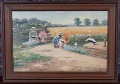 Marie Lefevre, Children playing with a Toy Boat in a Stream, oil on canvas