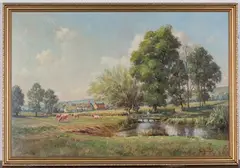 John Brangwyn, Cows in a Meadow on the Bank of a River, oil on board