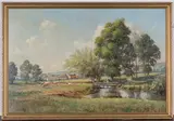 John Brangwyn, Cows in a Meadow on the Bank of a River, oil on board