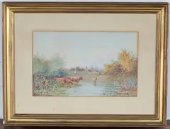 James Matthews, Cattle at the Water's Edge, watercolour with touches of gouache