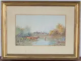 James Matthews, Cattle at the Water's Edge, watercolour with touches of gouache