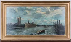 H. Moss, View of the Houses of Parliament across the River Thames, oil on board