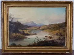 E.S. Rowley, Herdsman and Cattle on the Bank of a Meandering River, oil on canvas
