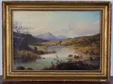 E.S. Rowley, Herdsman and Cattle on the Bank of a Meandering River, oil on canvas